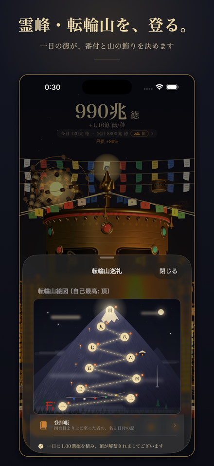スクリーンショット: 一日の徳で霊峰「転輪山」の合目を登る番付